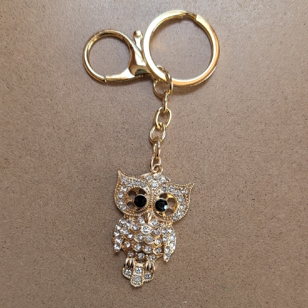 Gold Owl Keychain Bag Charm with Crystals